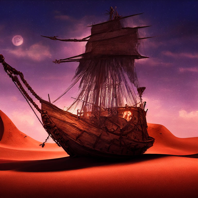 Weathered wooden ship stranded on desert dunes under twilight sky