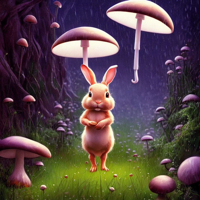 Cute rabbit under giant mushrooms in rainy forest