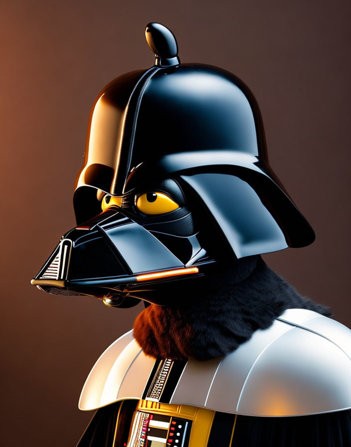 Character design: Darth Vader and penguin fusion with black helmet, yellow eyes, and white torso.