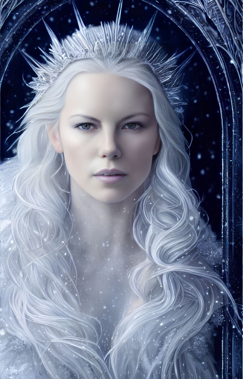 Fantasy image of pale-skinned woman with white hair and crystalline crown in wintry setting
