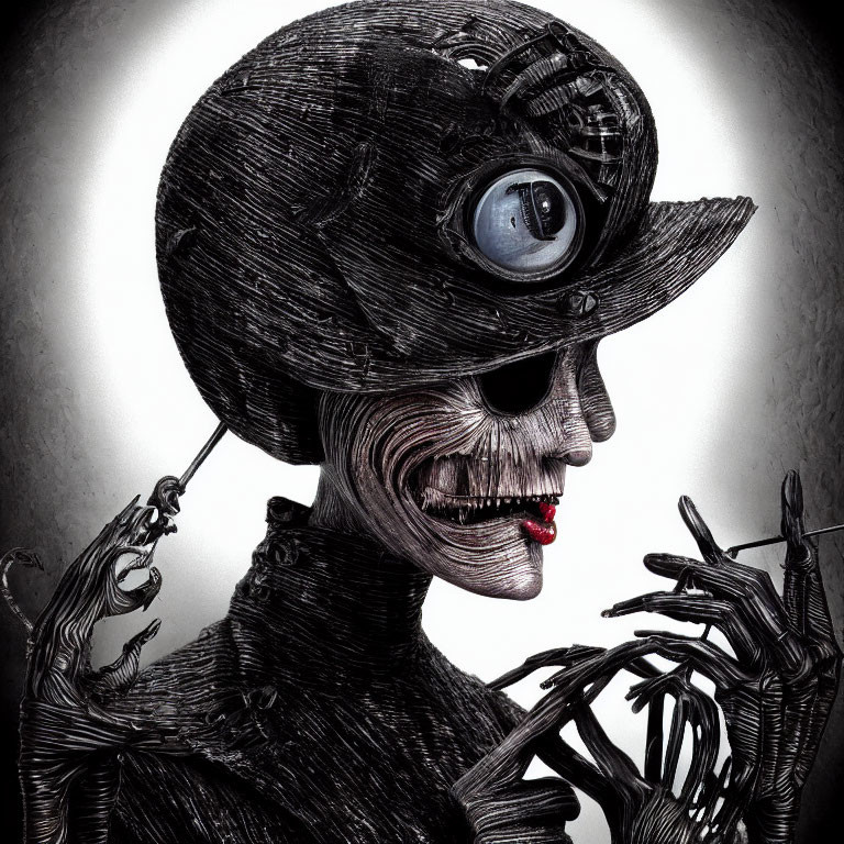 Monochrome surreal illustration: figure with large eye head, hat, grin, eerie fingers