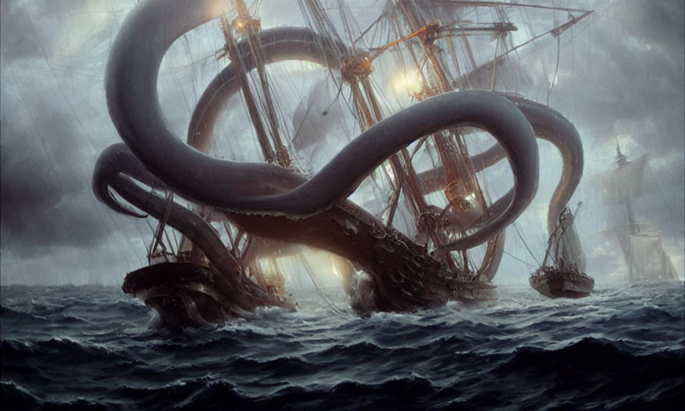 Giant octopus entwines old ship in stormy sea with ominous ships watching