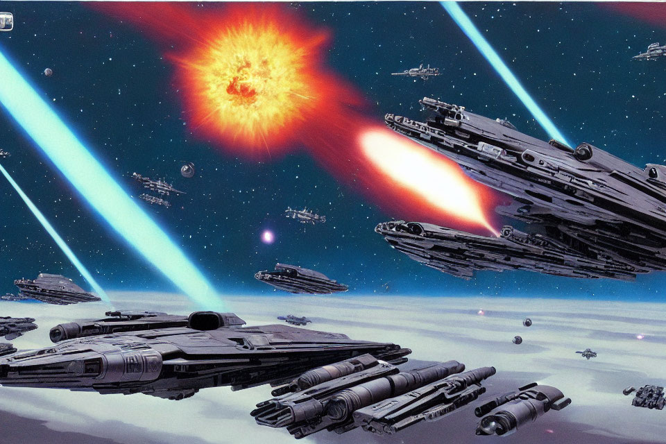 Spaceships Fleet Advances Through Space with Explosive Background