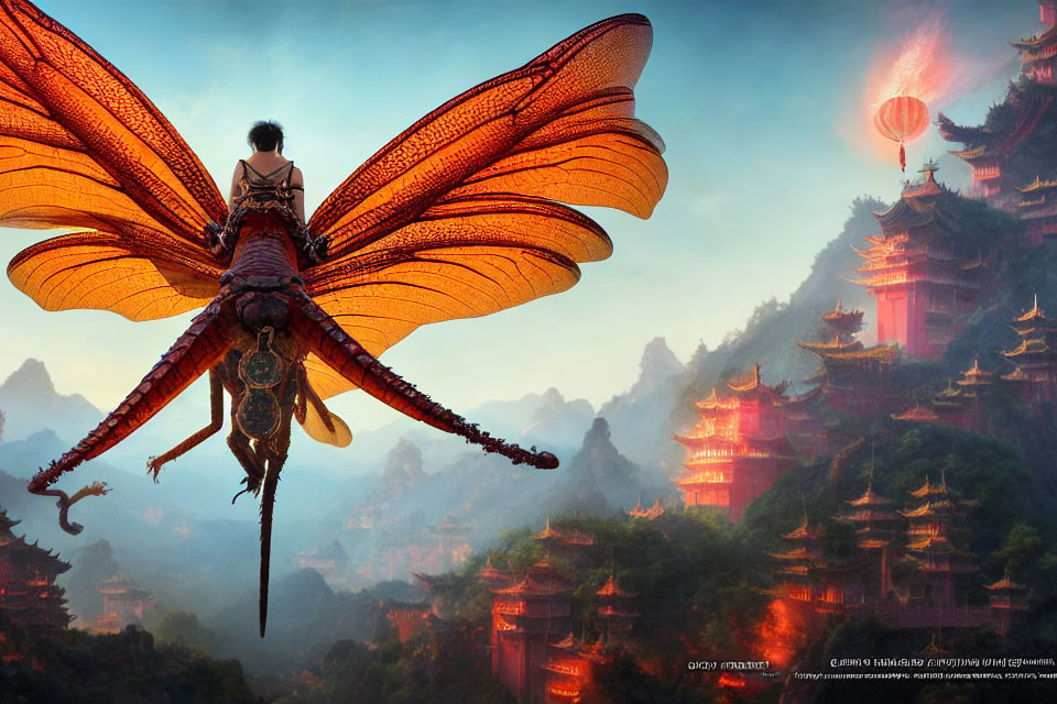 Fantasy artwork of person on giant dragonfly over Asian temple landscape