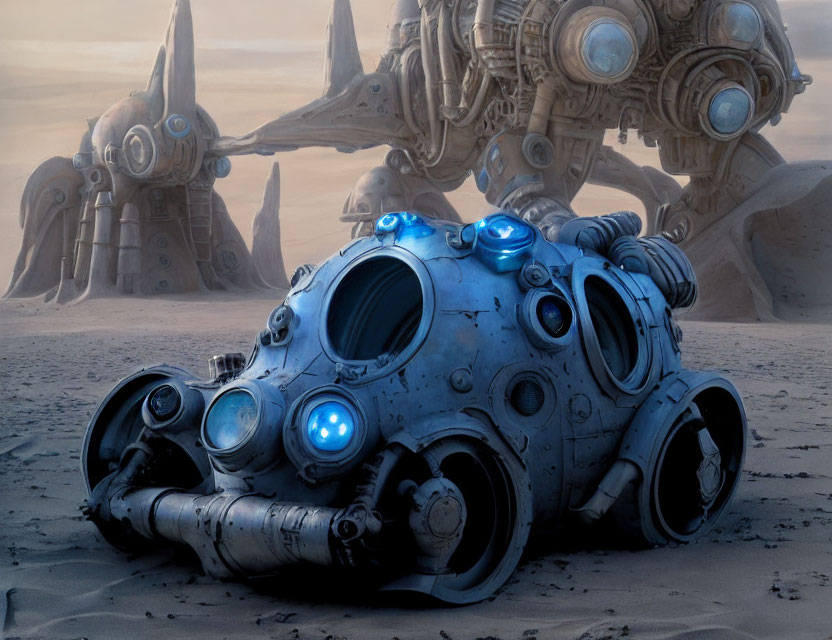 Futuristic blue-lit vehicle on sandy terrain with robotic structures.