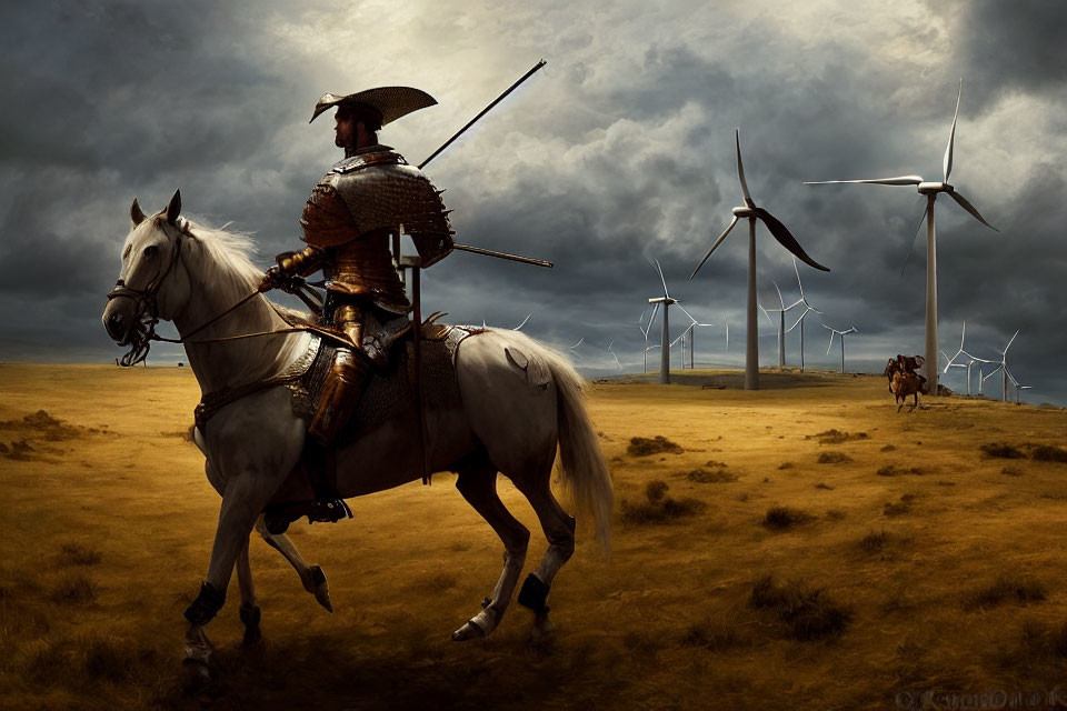 Traditional Samurai on White Horse with Wind Turbines and Approaching Rider