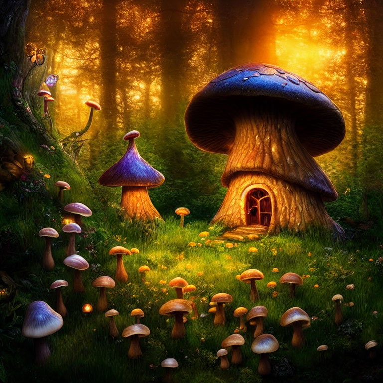 Enchanting forest scene with oversized mushrooms and glowing fungi