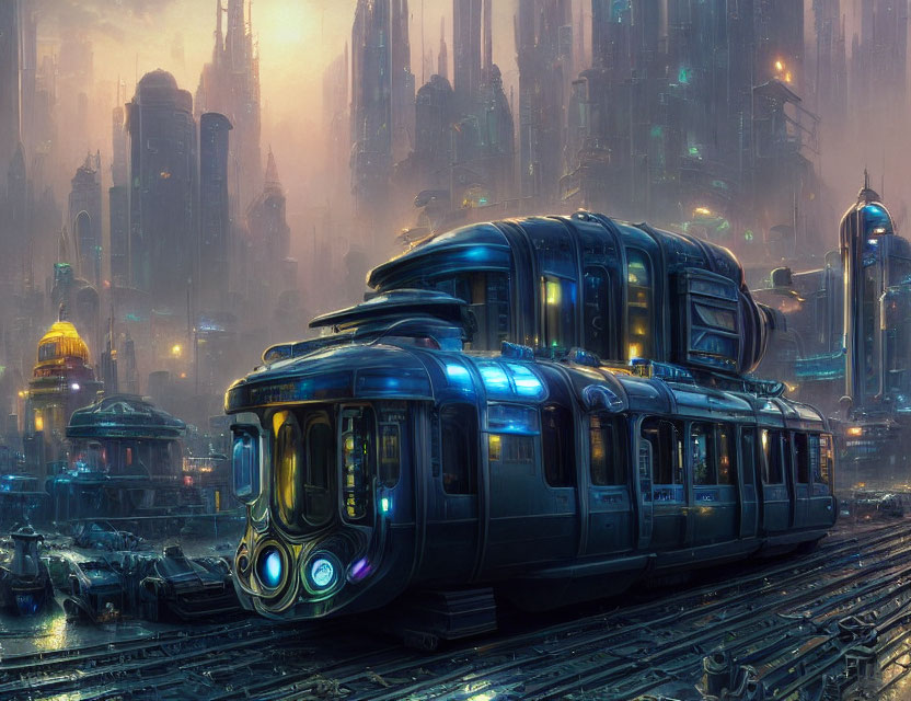 Futuristic train with blue lights in neo-noir cityscape