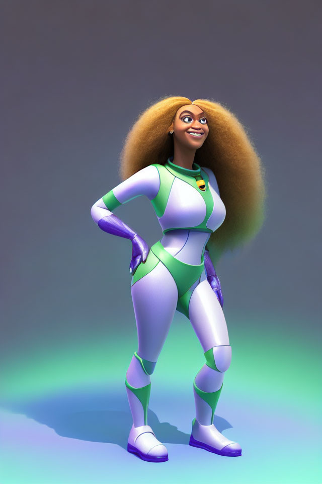 Animated female superhero in white and purple suit with green accents and blonde afro.