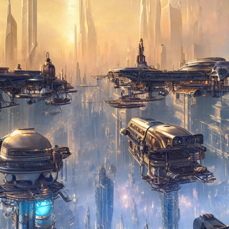 Golden-lit futuristic cityscape with towering skyscrapers and flying vehicles