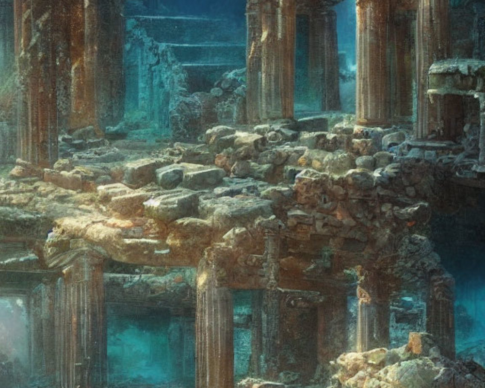Ancient Greek-style underwater ruins with columns and stone structures