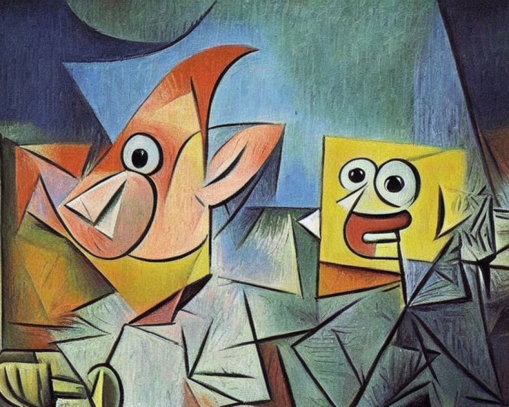 Cubist painting of two figures with distorted features