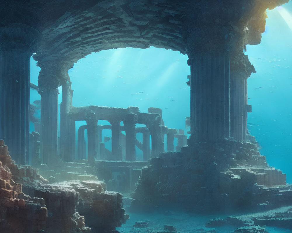 Ancient underwater temple ruins with classical columns and arches in peaceful ocean.