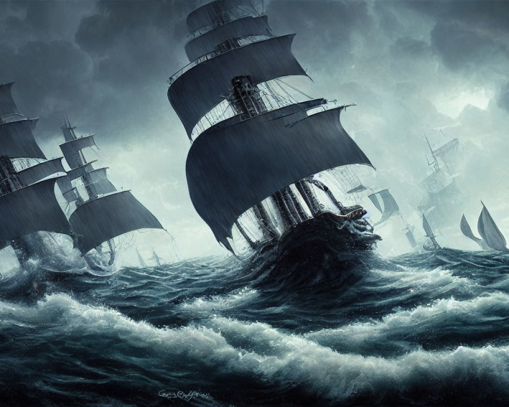 Tall ships in stormy ocean with billowing sails and turbulent skies