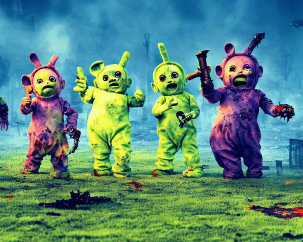 Vibrant Teletubbies in zombie-like state amid post-apocalyptic setting
