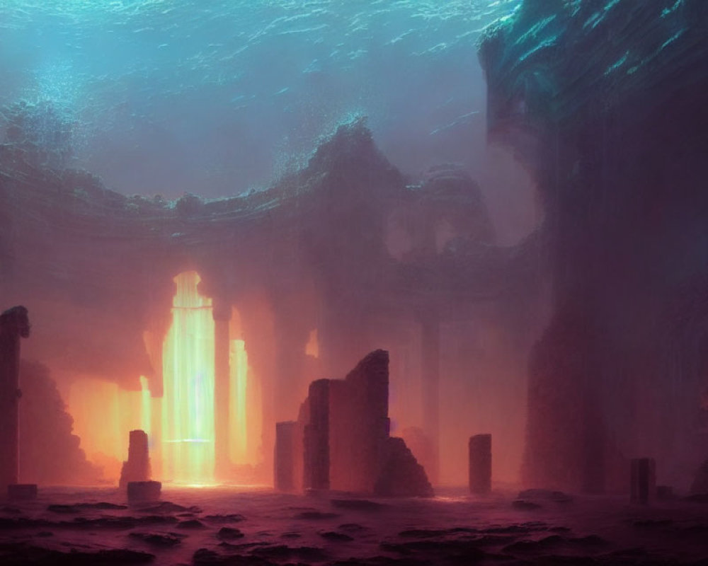 Underwater scene with sunlit ancient ruins and columns