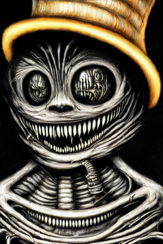 Skeletal figure with wide grin and striped hat in spooky whimsical art