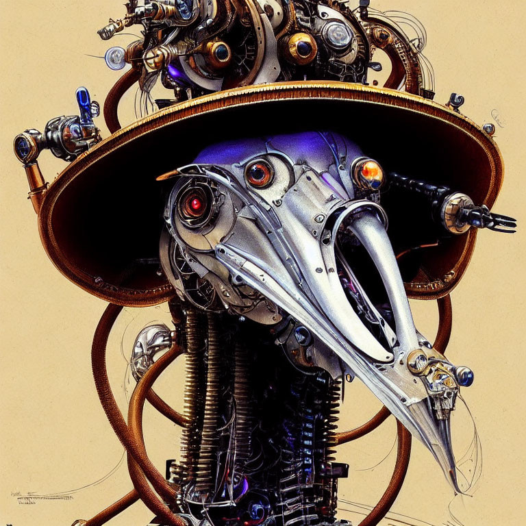 Detailed mechanical bird illustration with metallic beak and robotic elements in circular structure