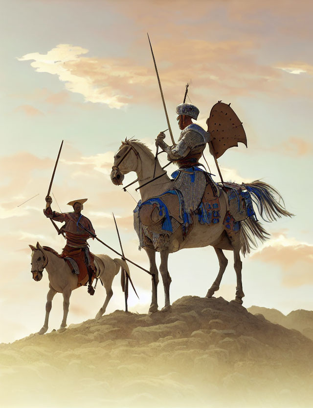 Medieval armored knights on horses with lances under cloudy sky