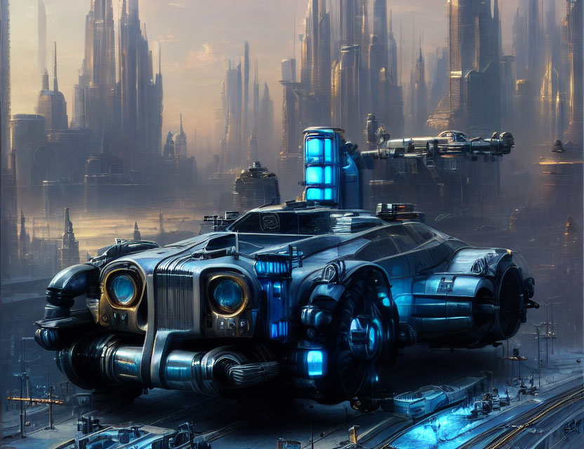 Futuristic vehicle hovers over cyberpunk cityscape with blue lights