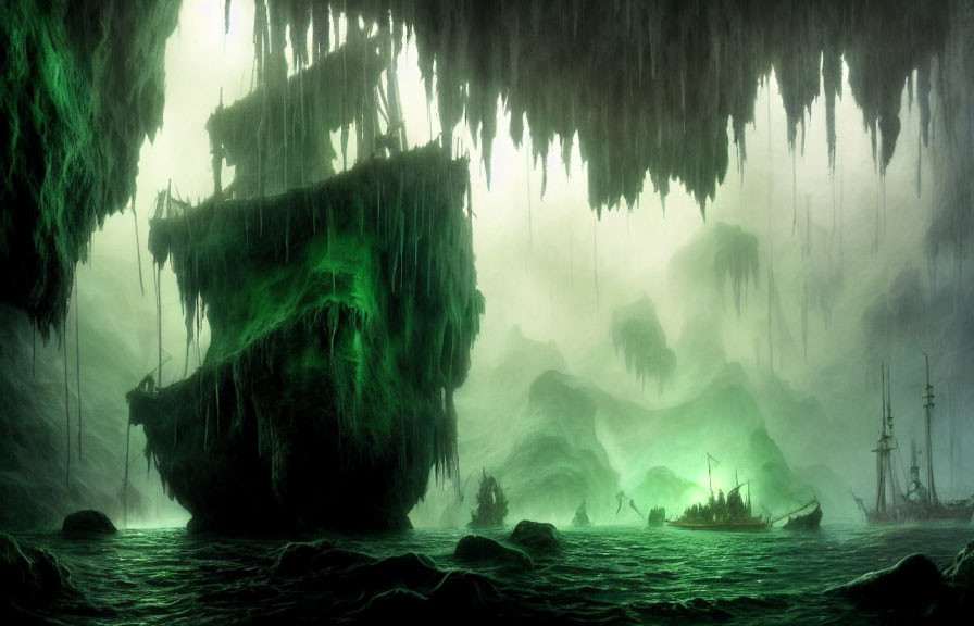 Moss-covered ghost ships in eerie green-lit seascape