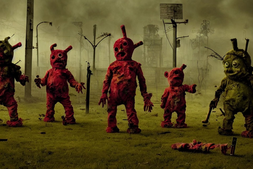 Distorted teletubby-like figures in post-apocalyptic scene with blood and haze.