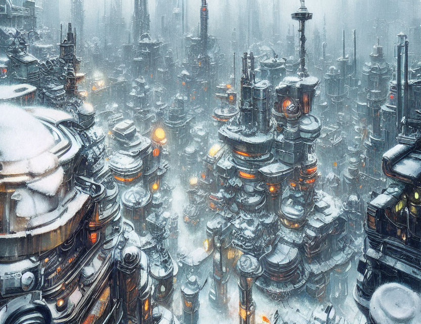 Futuristic snowy cityscape with cylindrical buildings and skyscrapers