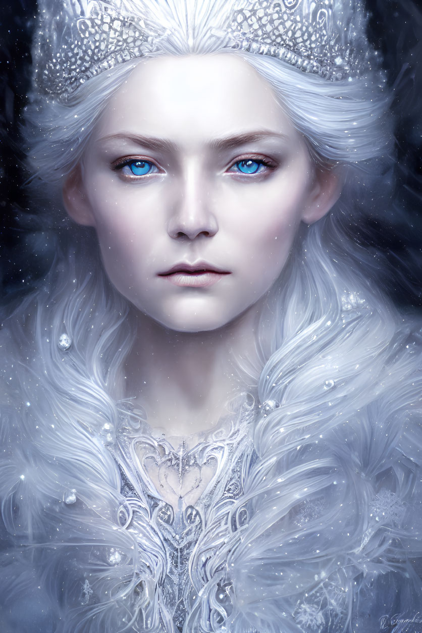 Woman with Blue Eyes, Blonde Hair, Crystal Tiara, and Fur Gown