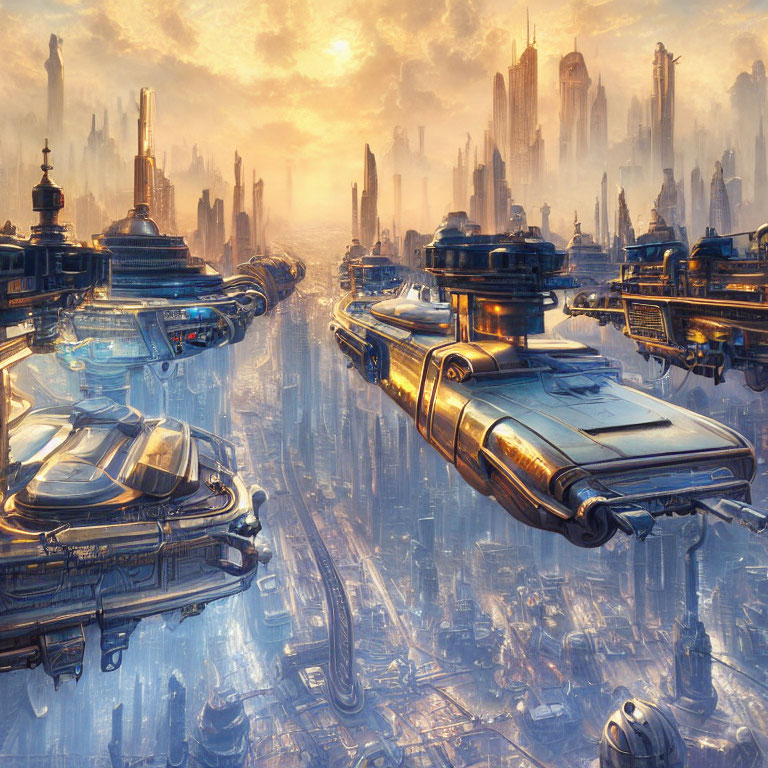 Futuristic cityscape with flying vehicles and skyscrapers at sunset