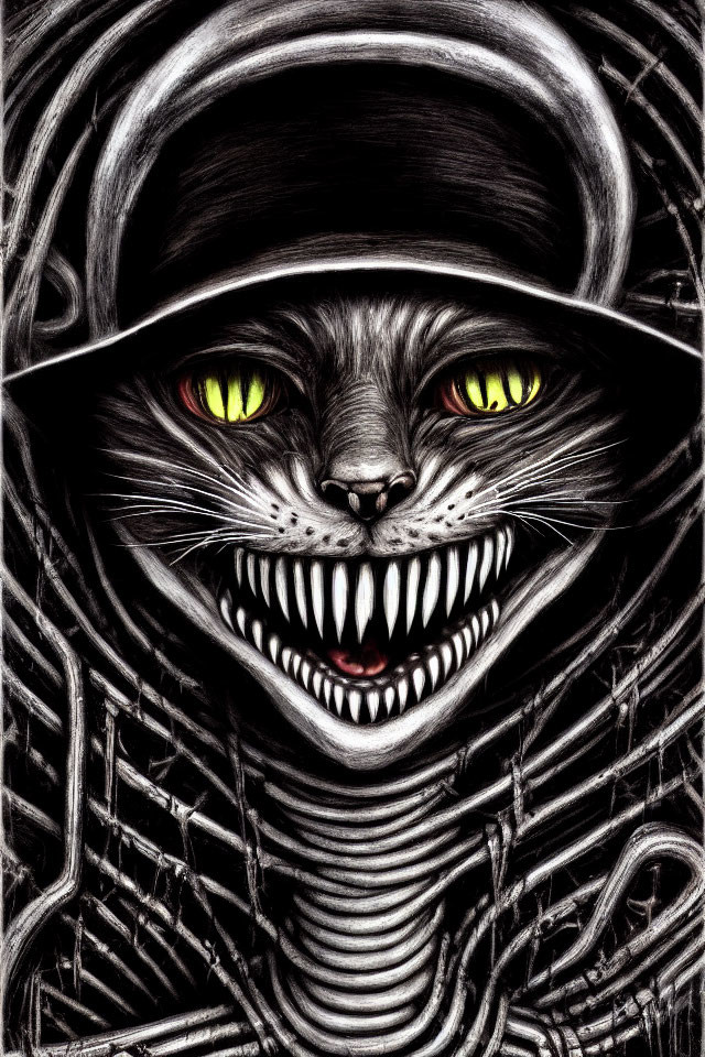 Grinning Cheshire Cat with glowing eyes in gloomy tones