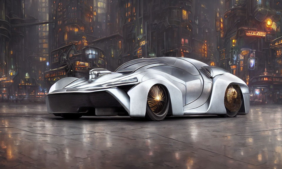 Futuristic silver car with golden wheels in cyberpunk cityscape