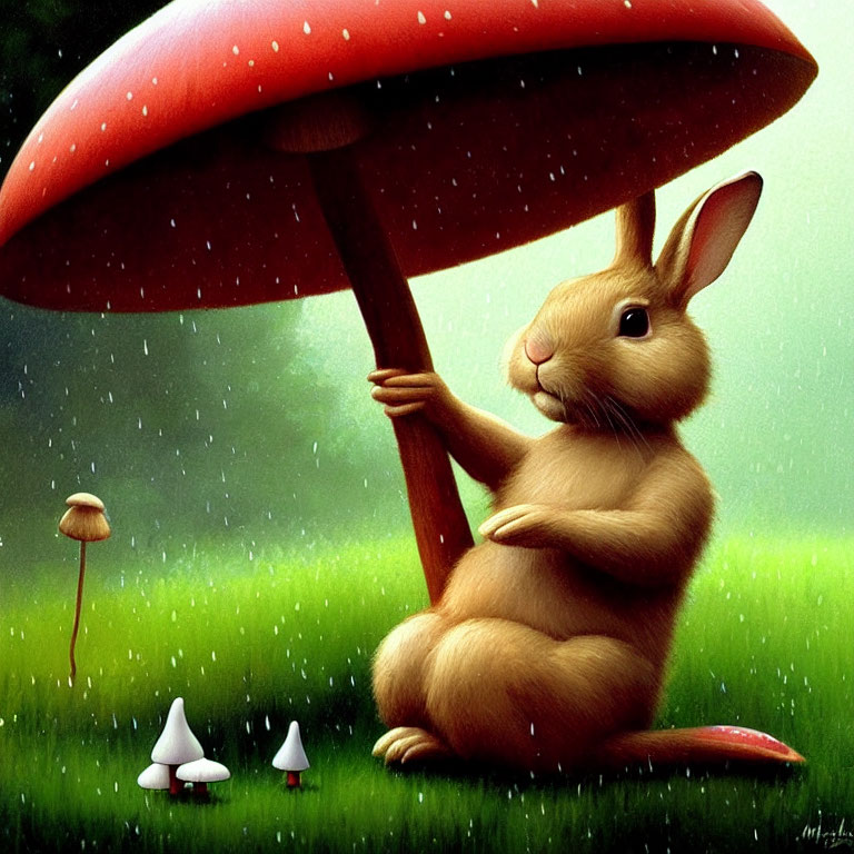 Illustration of anthropomorphic rabbit under giant red mushroom in rain