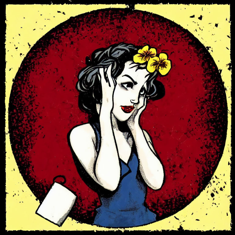 Vintage-style Woman with Flower in Hair on Red Grunge Background
