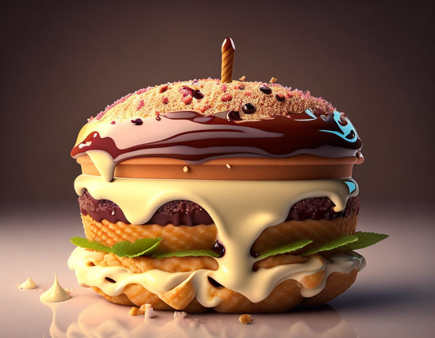 Digital artwork of whimsical burger with donut buns and chocolate toppings