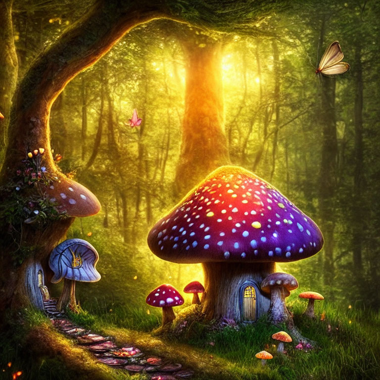 Colorful Mushroom Houses in Enchanted Forest with Butterflies