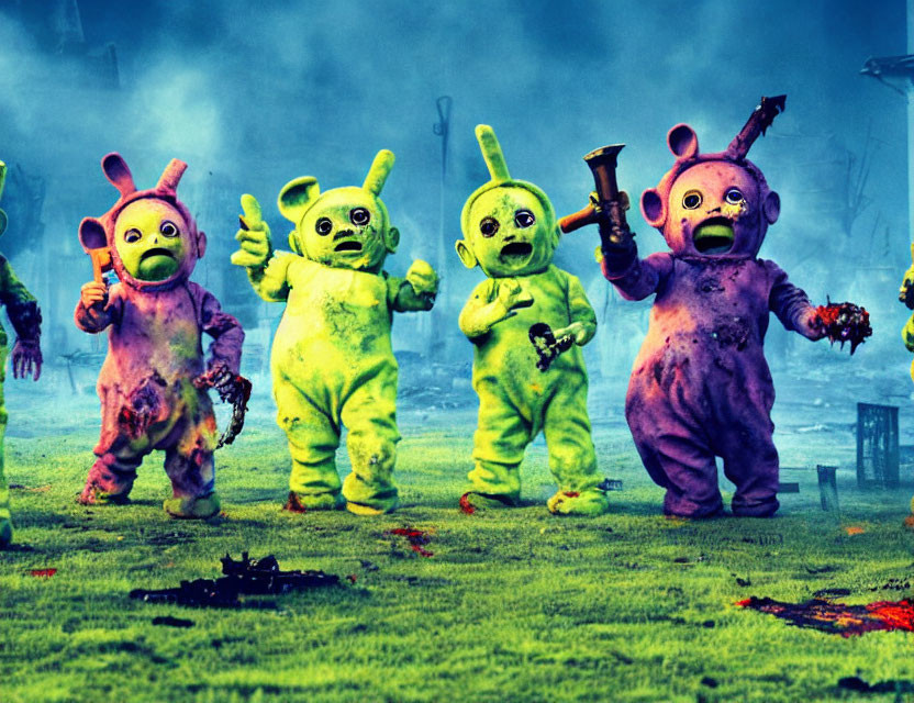 Vibrant Teletubbies in zombie-like state amid post-apocalyptic setting