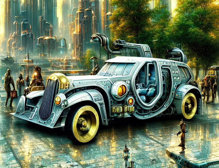 Retro-futuristic steampunk vehicle in futuristic cityscape