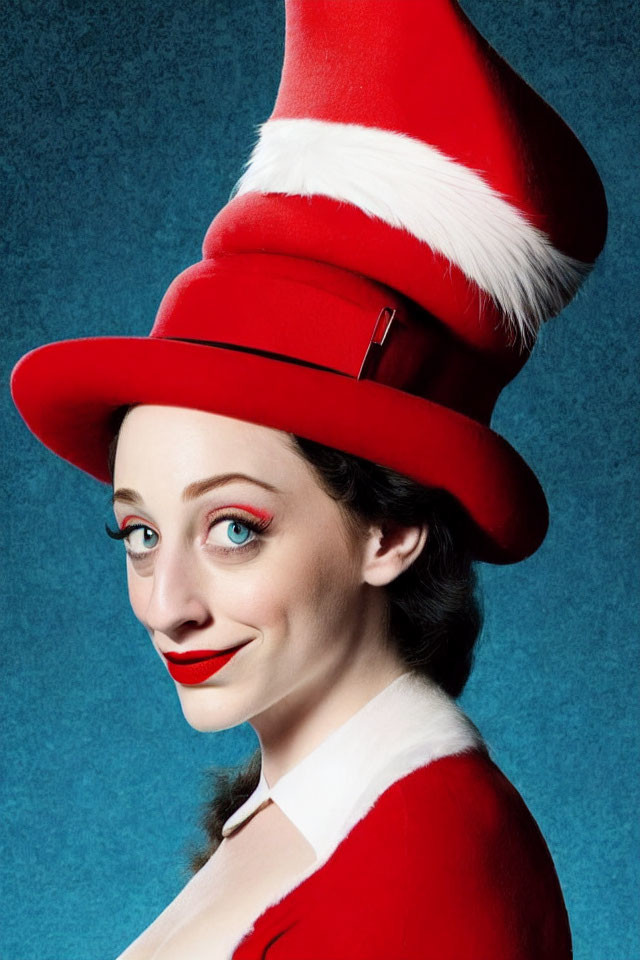 Woman with playful expression in red and white makeup and tall striped hat