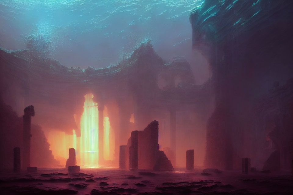Underwater scene with sunlit ancient ruins and columns