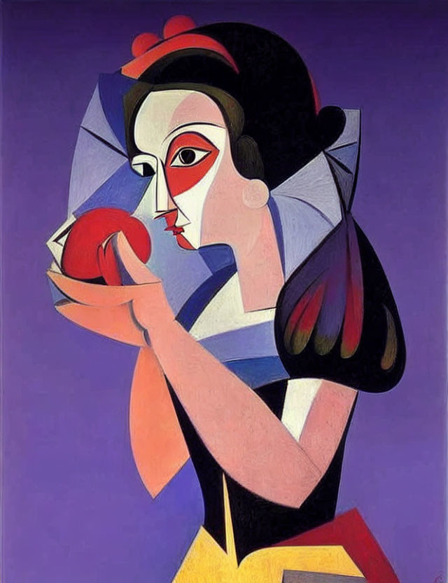 Cubist-style painting of woman with apple, bold colors & abstract shapes