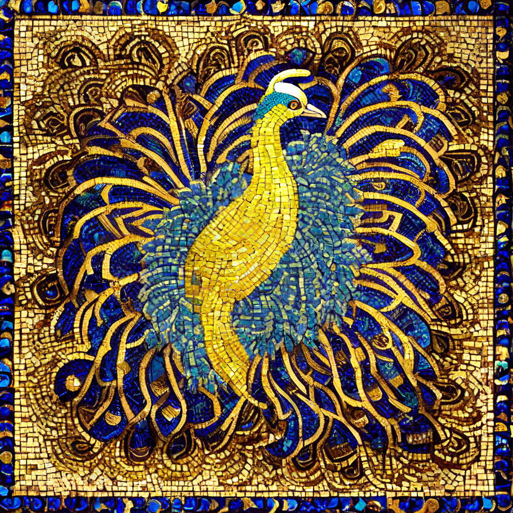 Colorful Peacock Mosaic in Blue and Gold Against Ornate Background