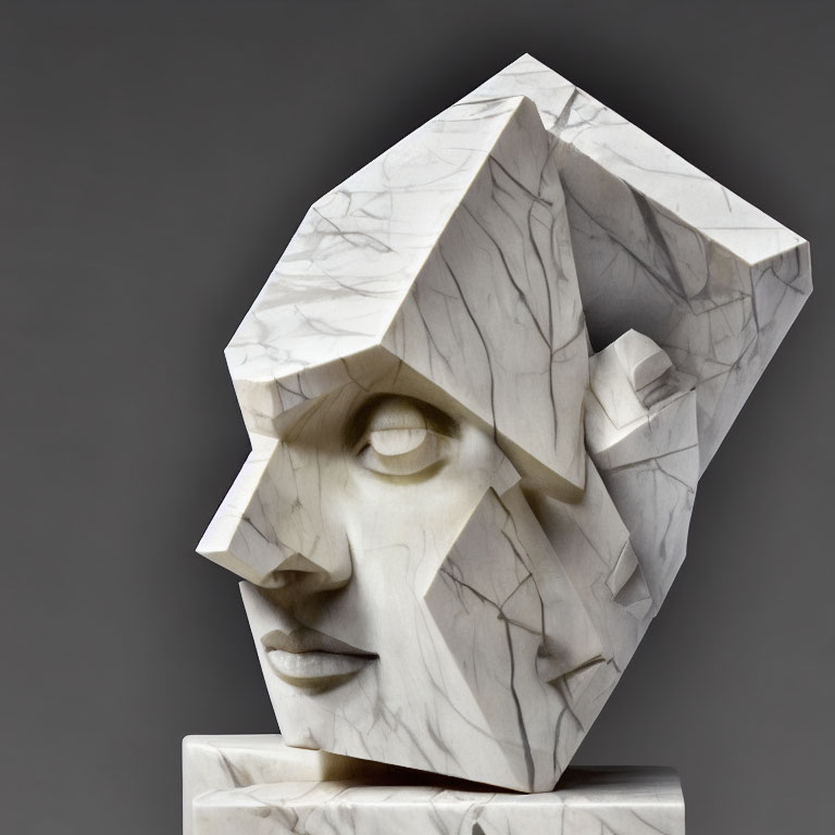 Fragmented Human Face Sculpture with Geometric Shapes on Gray Background