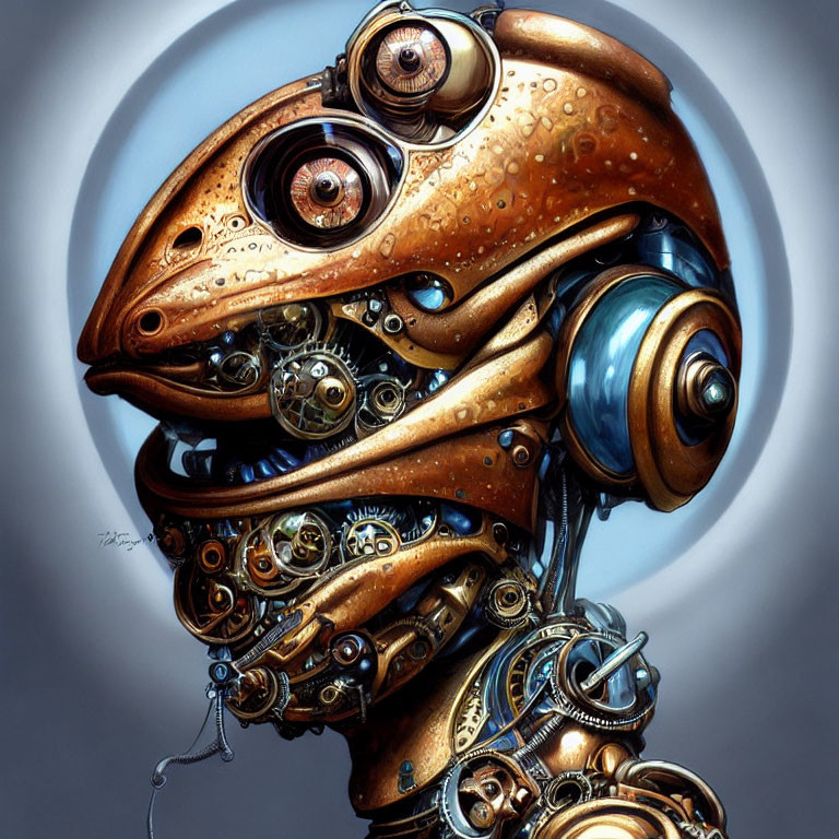 Detailed Mechanical Frog Illustration with Gears and Metallic Sheen