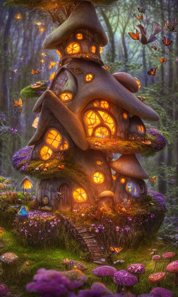 Whimsical multi-story fairy treehouse in enchanted forest