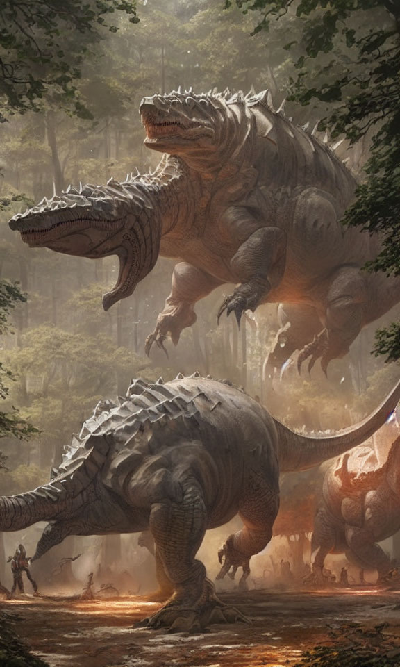 Person encounters dinosaur-like creatures in misty forest with sunlight filtering.