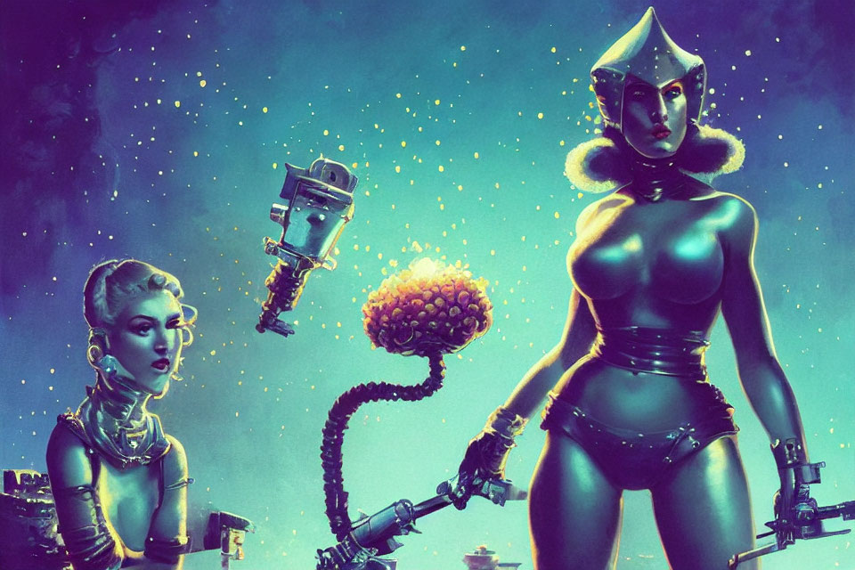 Futuristic sci-fi art: Two stylized females and a robot in cosmic setting