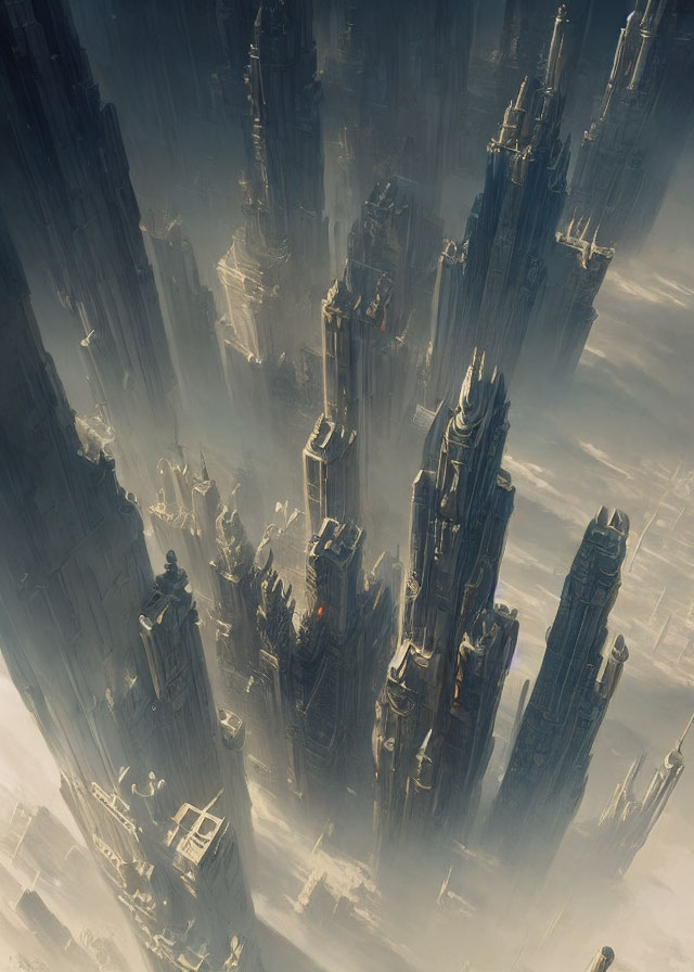 Futuristic skyscrapers in misty high-tech cityscape