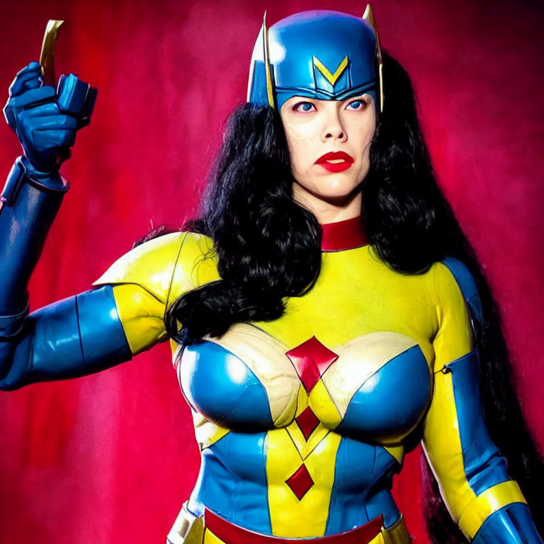Blue and Yellow Superhero Costume with Red Cape and Metallic Helmet Pose