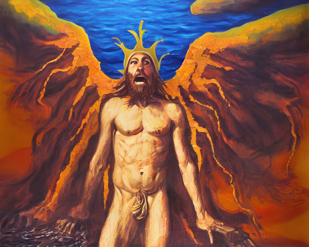 Bearded man with crown and wings in water with blue skies and yellow figures