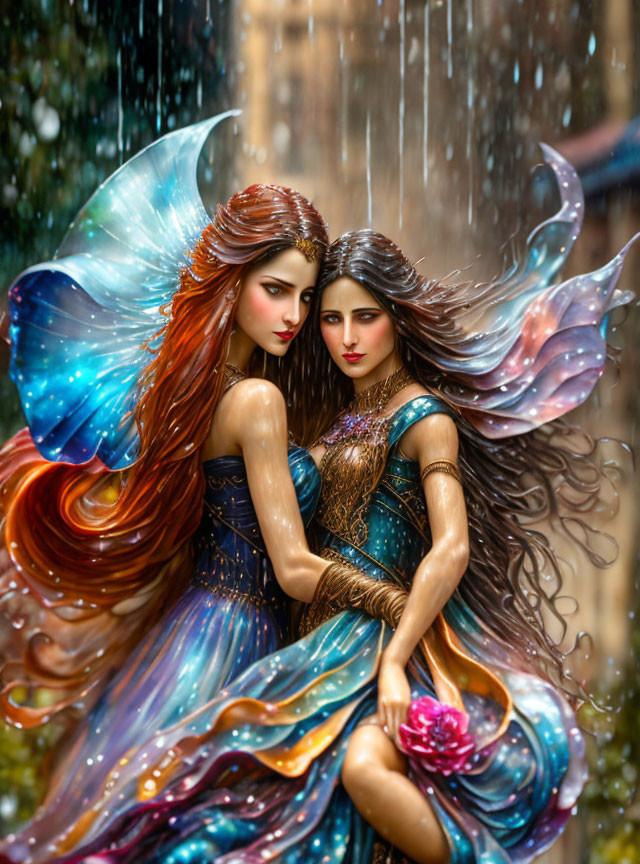 Ethereal women in colorful dresses embracing in rain under urban backdrop